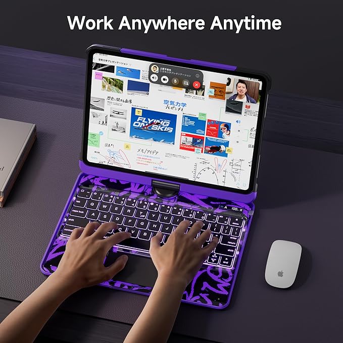 iPad Keyboard Case for 2024 M4 iPad Pro 11 inch, Magic Wireless Keyboard with Trackpad 7 Color Backlit, 360° Rotating Stand Transparent Protective Cover with Pencil Holder (Purple)
