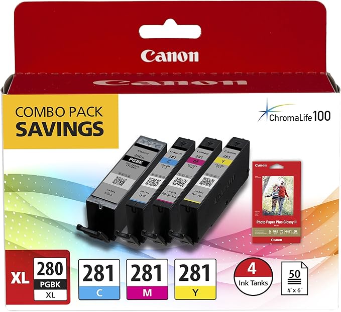 Canon PGI-280XL PGBK/CLI-281CMY Ink and Photo Paper Bundle