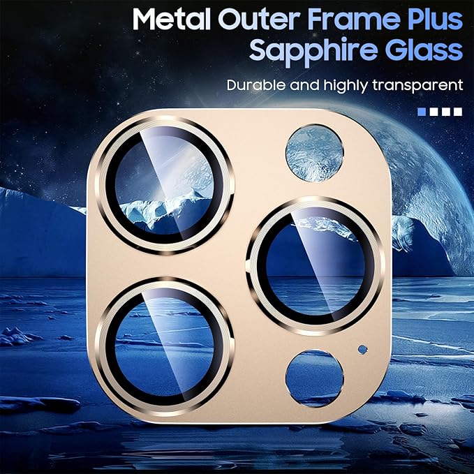 Uyiton Compatible with iPhone 15 Pro/iPhone 15 Pro Max Camera Lens Protector, [Not Easy to Break][Strong Adsorption][Case-Friendly] Metal Tempered Glass Rear Camera Screen Cover - Gold Titanium