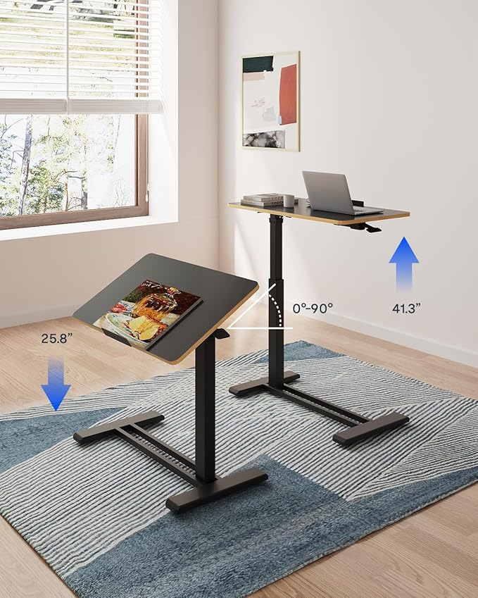 FLEXISPOT H7 PRO Mobile Standing Desk Adjustable Overbed Table Pneumatic with Wheels 90°Tiltable Portable Laptop Desk Rolling Computer Cart Foldable Bedside Table(31.5" W x 17.7" D D, Black)