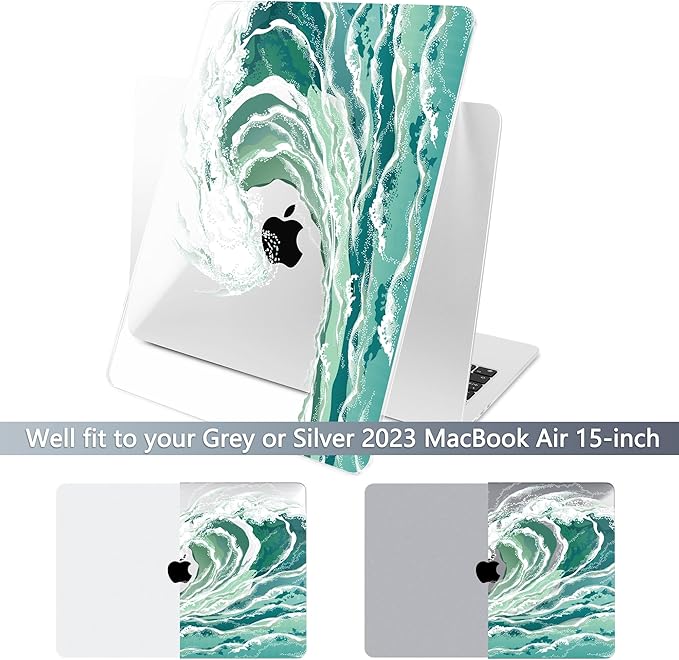 Batianda Premium Case for New MacBook Air 15 inch 2025 M4 2024 2023 with M3 M2 Chip Model A3241/A3114/A2941, Designed Protective Plastic Hardshell & Keyboard Cover & Screen Protector, Waves