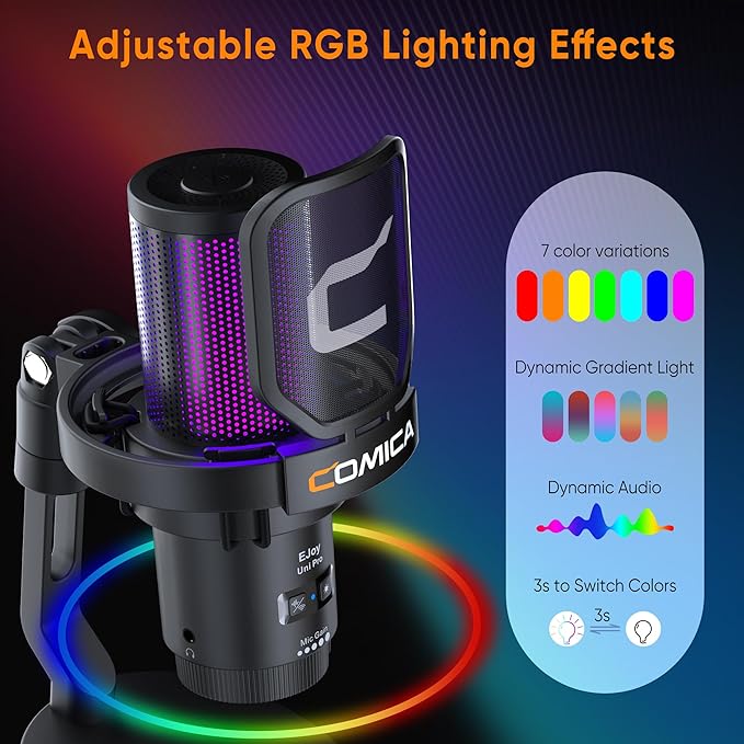COMICA EJoy Uni Pro Wireless Gaming USB Microphone, Noise Cancellation RGB Condenser Mic with Mute, Gain, Monitoring, Pop Filter&Shock Mount for Recording, Streaming, Podcast, PS5, PS4, PC, YouTube