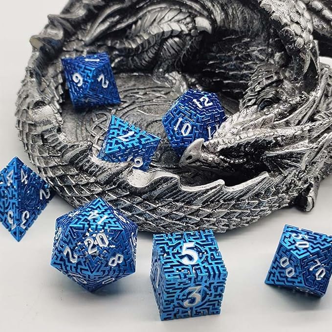 Blue Metal Hollow DND Dice Set (Wizard) Metallic Luster Maze Design with Storage Box - Balanced Weight 7 Piece Zinc Alloy, designed for Dungeons and Dragons DMs and Players RPG Accessories