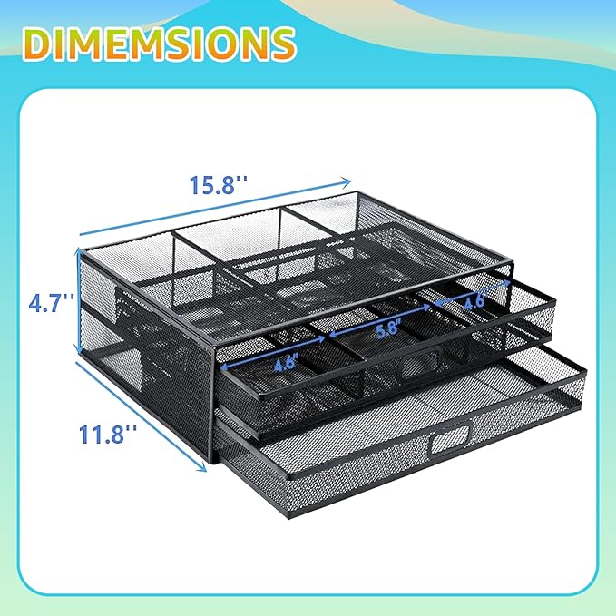 Computer Monitor Stands with Drawers, Metal Mesh Desktop Monitor Riser, Desk Storage Organizer with Drawers for PC, Laptop, Printer (Black)