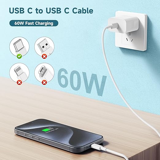 60W USB C to USB C Cable [3Pack] iPhone 16 15 Fast Charging Cable,6ft Long USB-C to USBC Power Cord for iPhone 16/15 Pro Plus Pro Max, MacBook Pro Air/IPad/iPad Pro 12.9/11,AirPods 4(White)