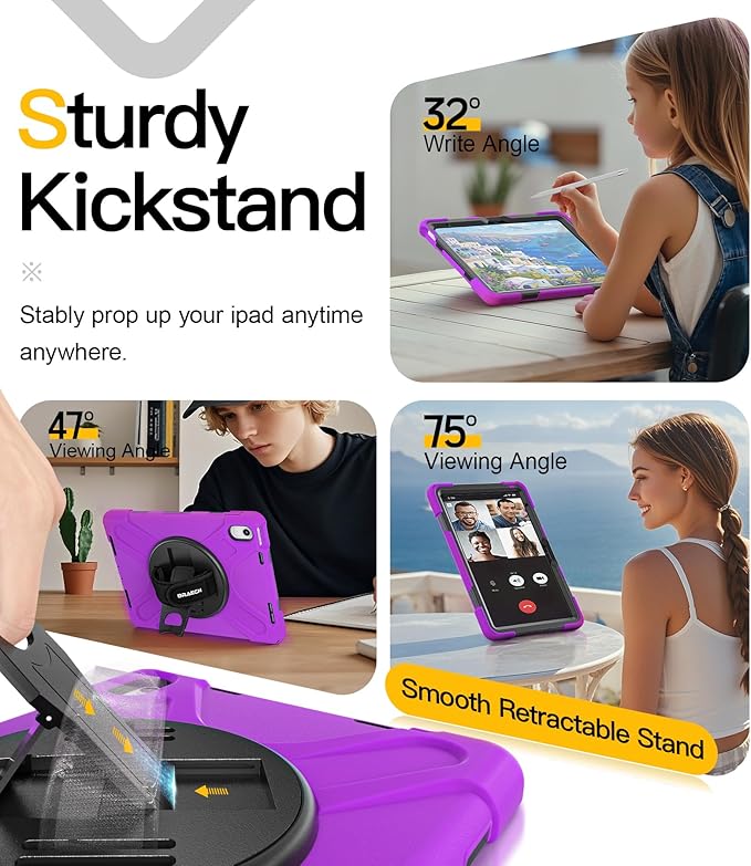 BRAECN for iPad (A16) 11th/10th Generation case 11/10.9 inch 2025/2022 Heavy Duty Shockproof Protective with Pencil Holder Screen Protector 360°Rotating Stand Handle & Shoulder Strap Full Body Cover