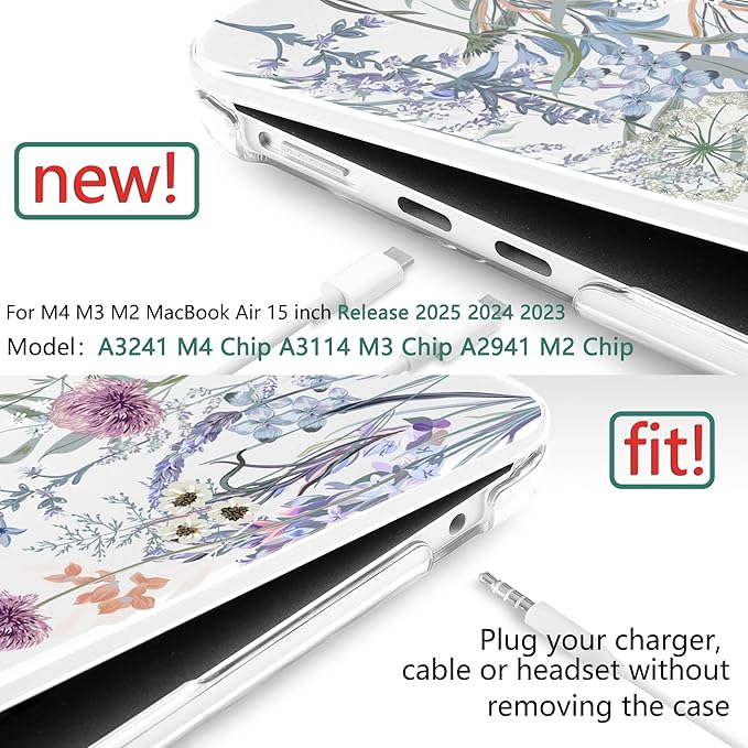 TWOLSKOO Compatible with M4 MacBook Air 15 inch Case 2025-2023 Released Model M4 A3241 M3 A3114 M2 A2941, Plastic Hard Shell & Screen Protector & Keyboard Cover & Type C Adapter, Dandelions