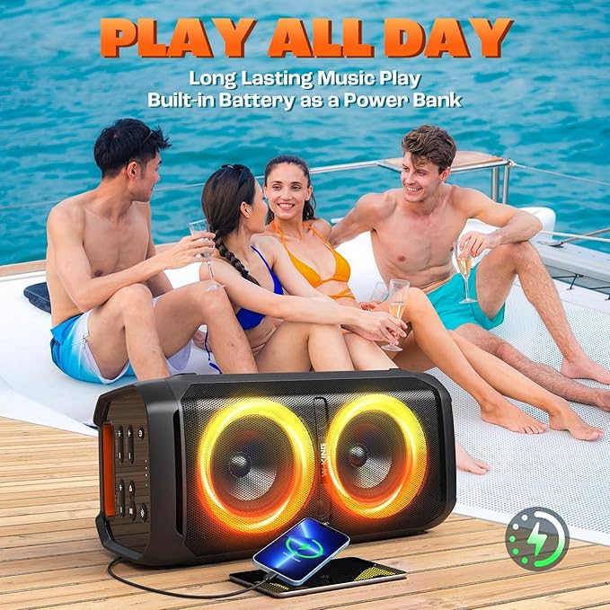 W-KING Large Bluetooth Speaker, 240W Peak Loud Boom Box 2×5.25" Subwoofers & 115dB Deep Bass, IPX6 Waterproof, Wireless Speakers, 24H, For Outdoor Party, Mic&Guitar Input, RGB Lights,Echo, EQ, TF, AUX