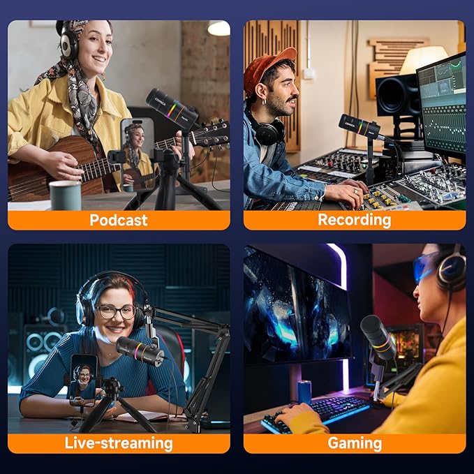 COMICA EJoy D10(A) USB Gaming Microphone – Boom Arm Mic with Noise Cancellation, XLR/USB-C, Real-Time Monitoring, Muting, RGB Professional Studio Mic for Gaming, Streaming, Podcast, Recording (Black)