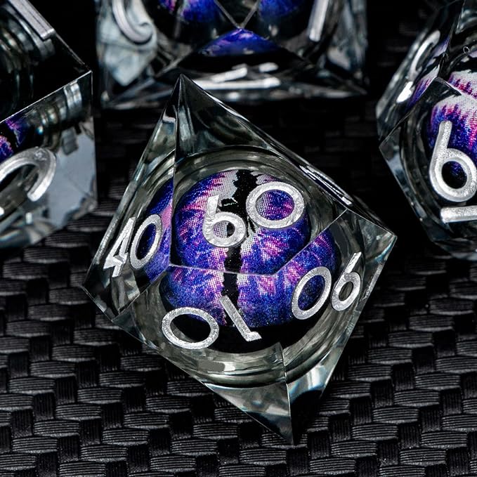 ARUOHHA DND Resin Dice Dragon Eye Dice Liquid Core Purple Sharp Edged Dice Set with Gift Box, Dungeons Polyhedral D and D Dice Set Compatible with D&D Role Playing Game D20 D12 D10 D8 D6