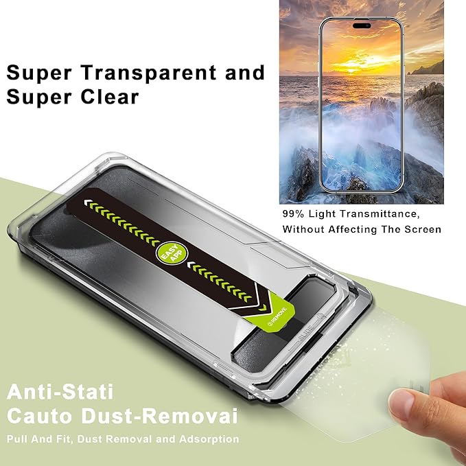 [2-Pack Ultra HD Clear Screen Protector for iPhone 14 Pro/15/16 (6.1-Inch),9H Tempered Glass,Full Coverage,Anti-Fingerprint,Auto Dust Removal,Bubble-Free,Easy Installation