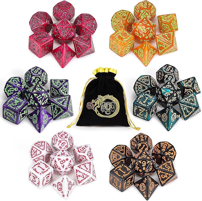 CiaraQ DND Polyhedral Dice Set (42pcs) with A Gold Pattern Drawstring Bag for Dungeons and Dragons RPG MTG Table Games. 6 Sets Halloween Pumpkin Role Playing Dice Set