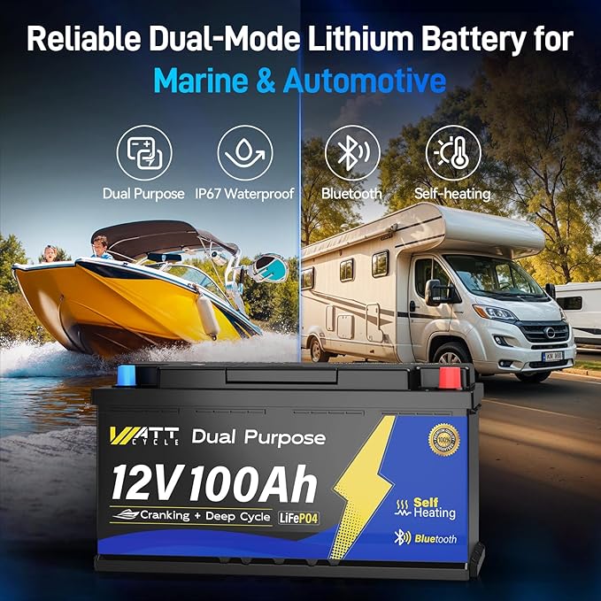 12V 100Ah Bluetooth LiFePO4 Battery, [Cranking &Deep Cycle] Lithium Battery with Self-Heating, Built-in 200A BMS, Perfect for Trolling Motor, RV, Marine, Boat(2 Pack)