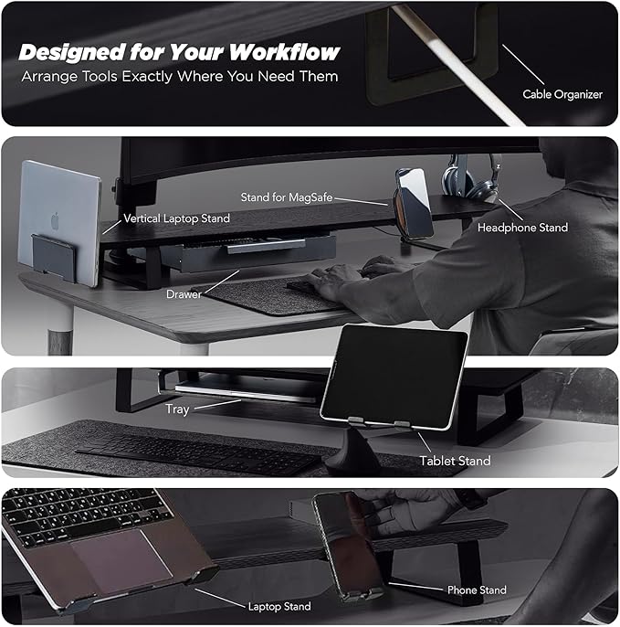 Moodular Wooden Monitor Stand 45.6” (116cm) Large Desk Organizer with Metal Slide Rails for Drawer, Tray, Laptop, Tablet, Phone & Headphones Customizable Riser for Organized Workspace Black