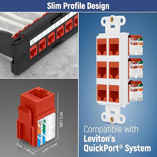 Everest 90° Angled RJ45 Cat6 Keystone Jacks 10-Pack in Orange - Slim Profile Female RJ45 Connectors - Cat 6 Keystone Jack - Compatible with 90° Angled Speed Termination Tool - easyJACK (B094WB91H3)