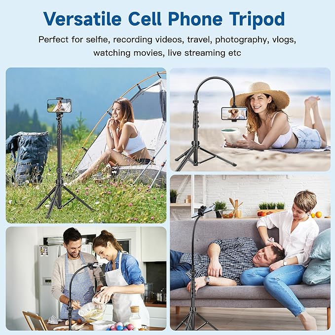 Phone Tripod Stand, 85" Tall Cellphone Tripod for iPhone with Gooseneck Remote, Flexible Portable Phone Stand for Recording, Compatible with iPhone 14 13 12 pro Android Camera