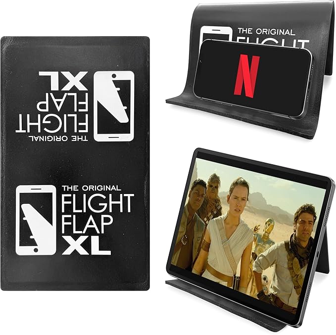Airplane Tablet Holder, Extra Large 12x7” Flexible Cell Phone and Tablet Holder, Folding Cellphone Stand for Desk, Kindle, Bed, Long Flight Travel Accessories, Plane Essentials (Black)