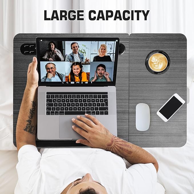 CloudTrip Plus XL Adjustable Laptop Desk with Light, USB Port, iPad Holder, Drawer Storage - Larger 23.6IN Adjustable Lap Desk for Bed, Home Office, Breakfast Tray, Fordable Legs Desk (Black)
