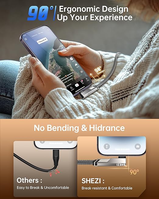 4-in-1 USB C Cable 5FT Compatible with Lightning Cable 90 Degree Fast Charging Flat Nylon Braided for iPhone/iPad Charger Cord Multi Charge Cord with L/USB C/USB A Ports, Grey