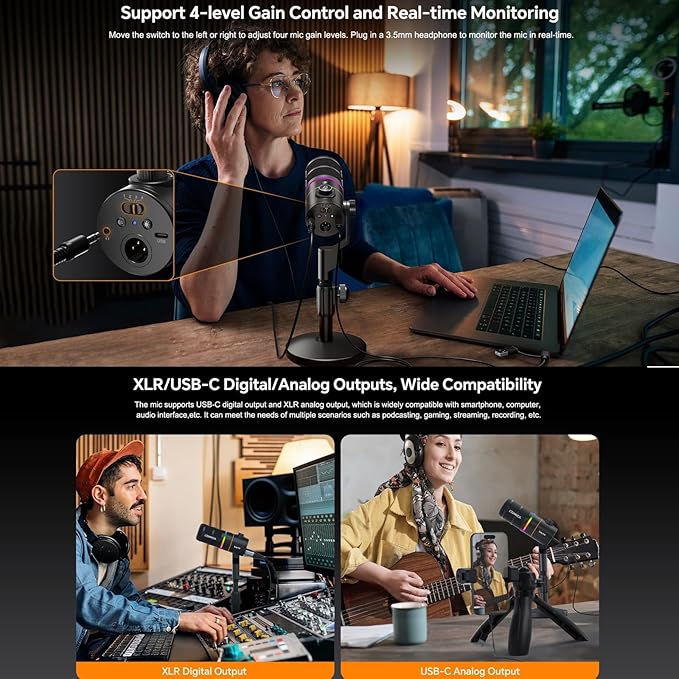 COMICA EJoy D10 D USB/XLR Dynamic Microphone with RGB Lighting &CalMix Denoise &Mute Button- Studio-Quality Cardioid Mic with Desktop Stand for Gaming, Streaming, Podcast,YouTube(PC/PS5/Xbox/Mac)Black