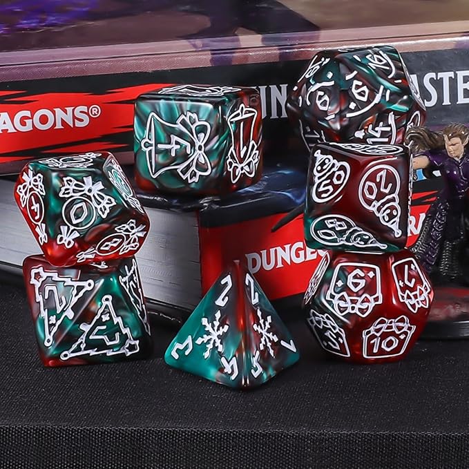 CiaraQ Polyhedral Dice Set, 6 Colors with 6 Decorative Pouches, 7 Pieces per Set, Fantasy RPG Gaming Dice/DND Dice/Role Playing Dice, Christmas Themed