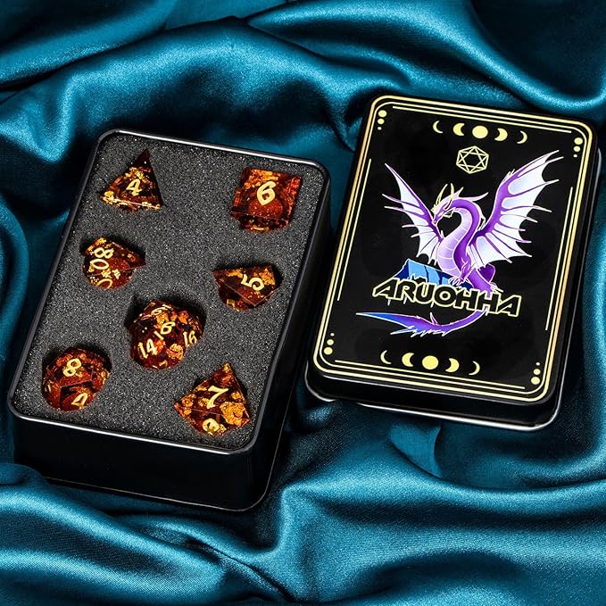 ARUOHHA Liquid Core DND Dice Set, 7pcs Resin Sharp Edged Dragons Dice Compatible with D&D Role Playing Games, RPG Golden Numbers Red Dungeons Polyhedral Dice with Gift Box, D and D Dice Set D20 D10 D6