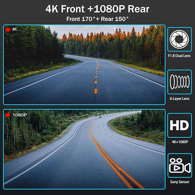 Mirror Dual Dash Camera for Car, Dashcam 4K Front 1080P IMX307 Rear View/ADAS BSD LCA Wi-Fi&APP WDR Night Vision G-Sensor Loop Recording Parking Monitor 64GB Card