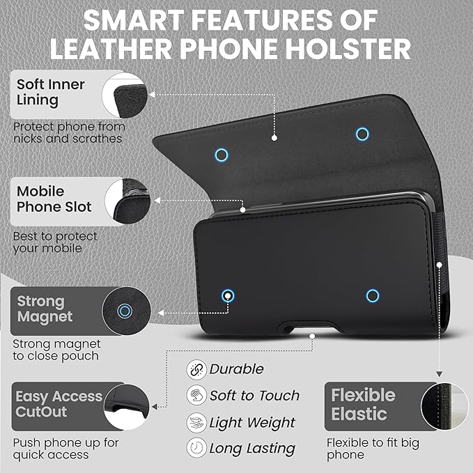 Leather Phone Holster for Men & Women, Horizontal Cell Phone Case, Fits iPhone 13/12 Mini, SE, Xs/X, 8, 6s - Belt Clip/Loop Carrying Phone Pouch Holder, Black Small