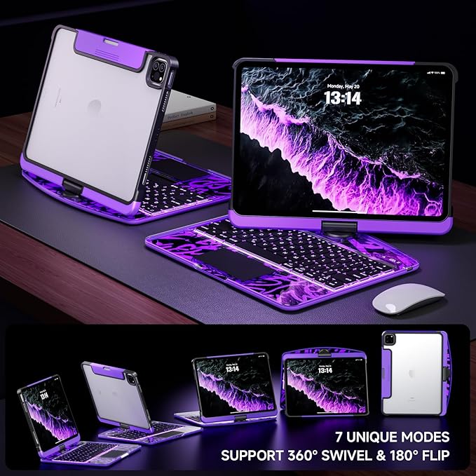 Transparent Case with Keyboard for iPad 9th (7th, 8th, and 9th Gen)10.2 Inch ,with 7-Color Backlit Wireless Keyboard,360°Rotatable Protective Case Multi-Touch Trackpad,with Pencil Holder,Purple