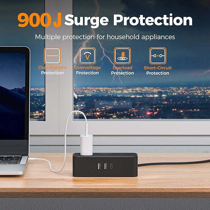 Black Extension Cord 10 Ft, TESSAN Power Strips with Surge Protection 900J with 4 Wide Spaced AC Outlets 3 USB Ports(1 USB C), Extension Cord with Multiple Outlets for Home Office Dorm Room