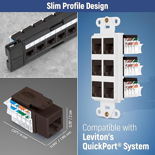 Everest 45° Angled RJ45 Cat6 Keystone Jacks 10-Pack in Brown - Slim Profile Female RJ45 Connectors - Cat 6 Keystone Jack - Compatible with 45° Angled Speed Termination Tool - 45Term (B0BL3GS7ZY)