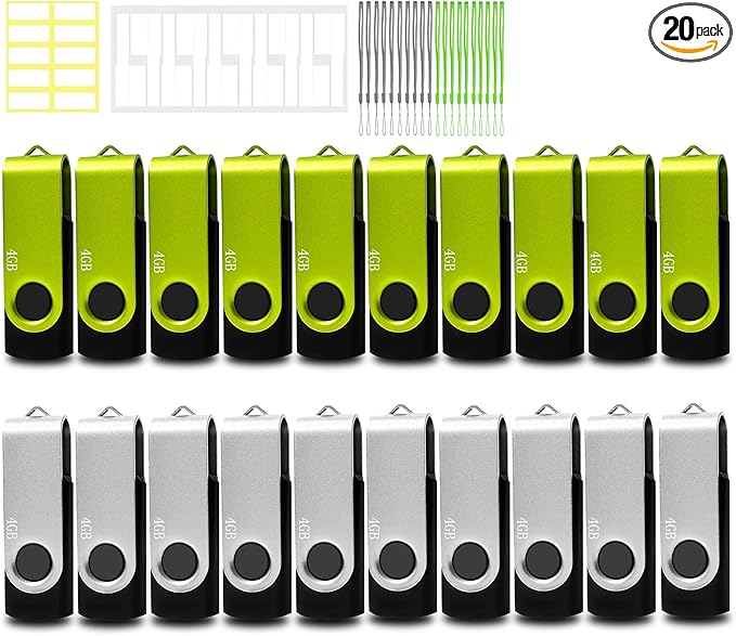 Thumb Drive 4GB FAT32 USB Flash Drives 20 Pack 4 GB USB 2.0 Jump Drives Multipack Flash Memory Stick Zip Drive Pendrive 20Pack with 20PCS Lanyards Label (Green Sliver 4gig)