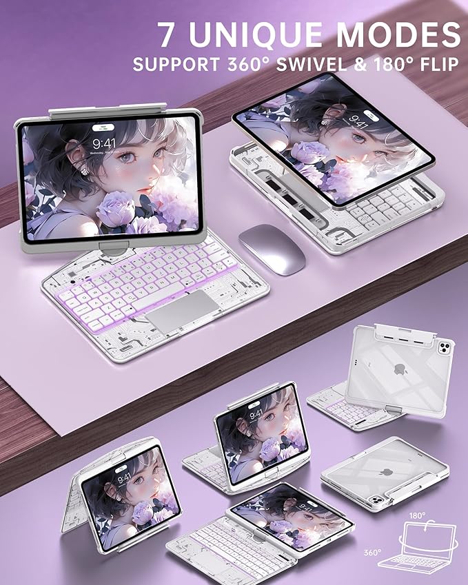 Intermerge Clear Keyboard Case for iPad Air 11" (M3/M2, 2025/2024), Air 5th/4th, Pro 11" 2022-2018, 360° Swivel Multi-Touch Trackpad, 7-Color Backlit, Pencil Holder, Type-C, Frost Pulse