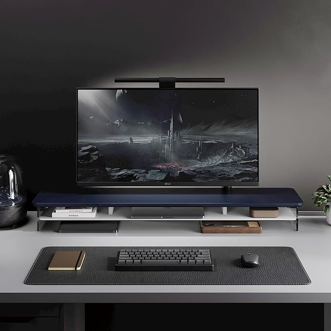 Fenge Acrylic Monitor Stand Riser, 42.5 Inches Dual Monitor Stand with Metal Storage, 2 Tier Acrylic Computer Riser for Desk, Clear Laptop Stand for PC, Laptop, Printer, TV, Blue