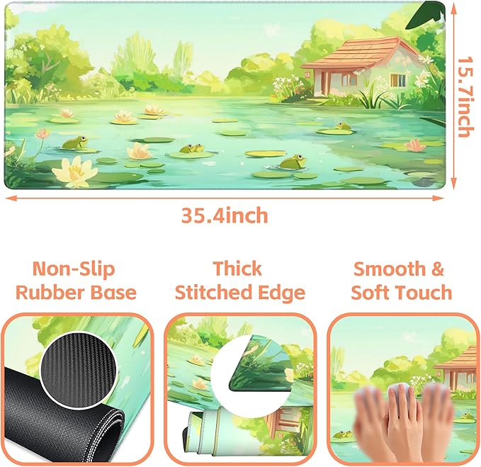 Mouse Pad Large Frog in The Water Non-Slip Game Desk Mat with Stitched Edge Laptop Keyboard Desk Pad for Work Home Gaming (35.4 x 15.7 Inches)