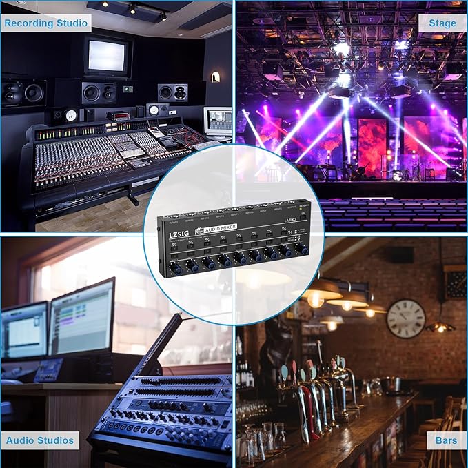 LZSIG Audio Mixer, Stereo Line Mixer for Sub-Mixing, Ultra Low-Noise, 8-Channel, Dynamic Microphone Independent Control, 1/4" & 1/8" TRS Output and Input, for Guitars,Bass,Keyboards