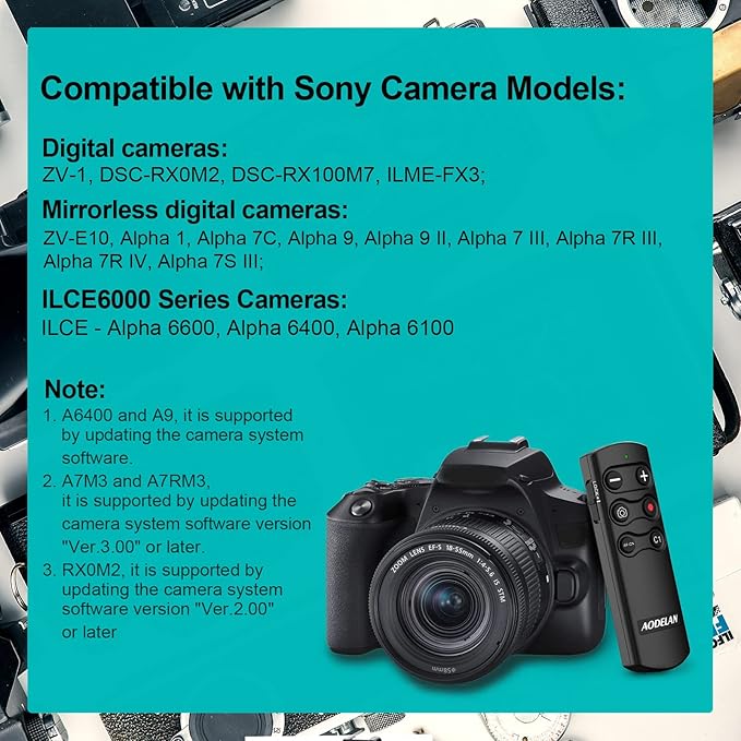 AODELAN Wireless Remote Control Camera Shutter Release for Sony ZV-E10, ZV-1, A7SM3, A7C, A7RIV, Alpha 9,7R IV,7R III, 7 III, 6600, 6400, 6100, 9 II, RX0 II, RX100 M7; Replces Sony RMT-P1BT