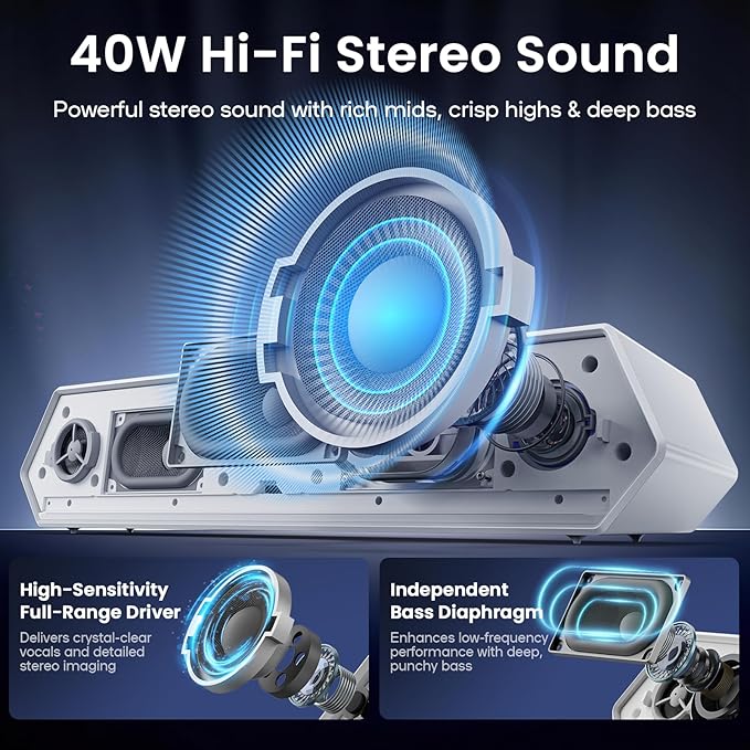 Deeyaple Computer Speakers, 40W Wireless Soundbar for Desktop PC with Bluetooth 5.3 & USB Audio, Dynamic RGB Lighting, Software Custom EQ, External Power Adapter Gaming Speakers, Laptop, Xbox (White)