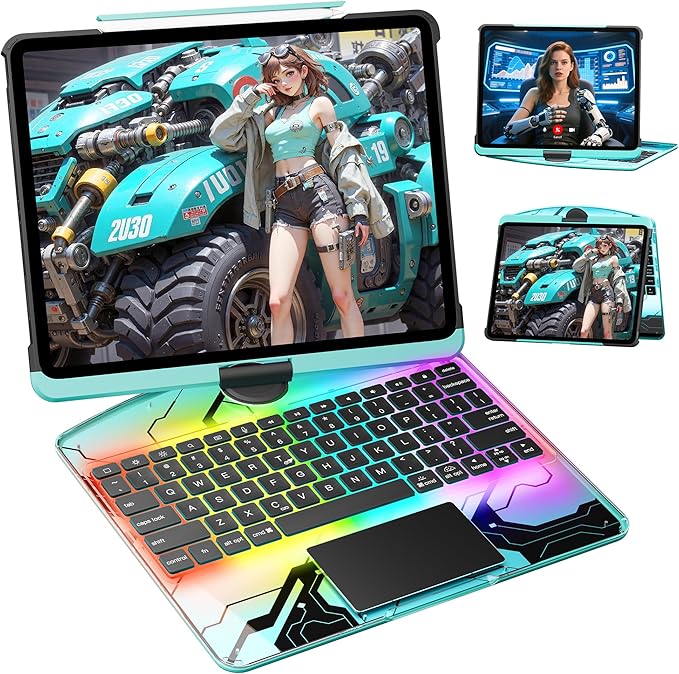 KITONE Transparent Case with Wireless Keyboard for iPad 10.2-in (7th, 8th, and 9th Gen), 7 Colors Backlight, Trackpad, 360°Rotating Stand, Tech Style