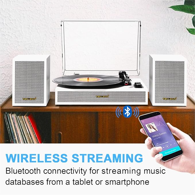Vinyl Record Player with External Speakers, 3 Speed Vintage Belt Drive Turntable Record Player with Stereo Speakers RCA Audio Out and Aux-in, White Wood