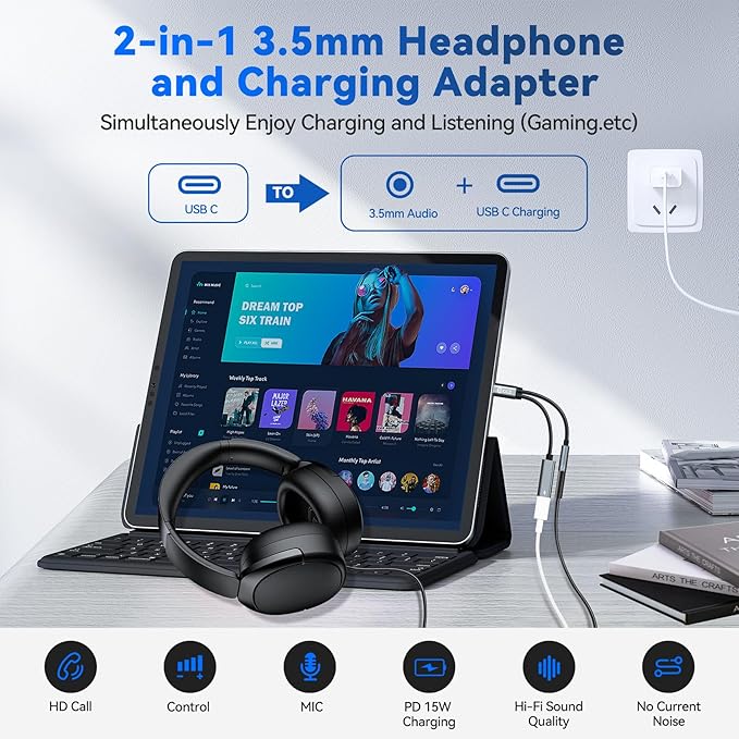 USB Type C to 3.5mm Headphone and Charger Adapter,2 in 1 USB C to Aux Audio Jack Hi-Res DAC with Charging for Earphones,Compatible with Samsung Galaxy S25/S24/S23/S22+(USB-3.5MM, 5Pack)