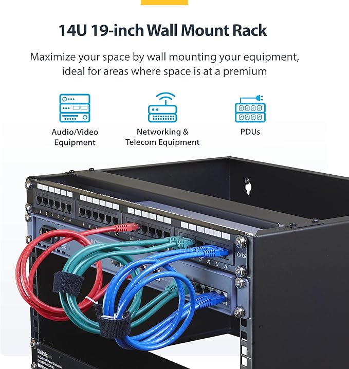 StarTech.com 14U Wall Mount Network Rack, 14 in Deep (Low Profile), 19" Patch Panel Bracket for Shallow Server, IT Equipment, Network Switches, 77lbs/35kg Weight Capacity, Black (RACK-14U-14-BRACKET)
