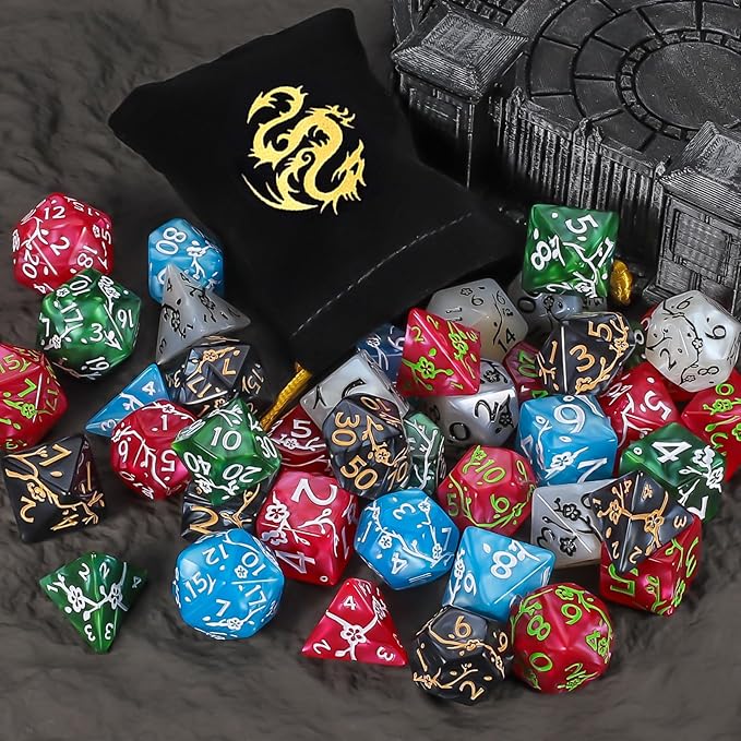 CiaraQ Polyhedral Dice Set (42pc) with 6 Drawstring Dice Pouches for Dungeons and Dragons RPG MTG Table Games. 6 Sets of Plum Blossom Pattern Role Playing Dice