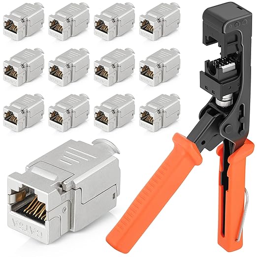 Everest Media Solutions easySHIELD (CAT6A Kit) - Speed Termination Tool, with 12 Slim Profile, 90-Degree RJ45 Shielded Keystone Jacks - F/STP Punch Down Crimper - Tested for CAT5e, CAT6, CAT6A, CAT7