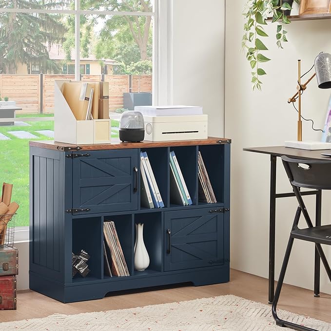 Large Record Player Stand with Vinyl Storage Up to 450 Albums, 39 Inch Farmhouse Wood Navy Blue Vinyl Records Storage Cabinet with Barn Doors, Mid-Century Turntable Stand for Living Room