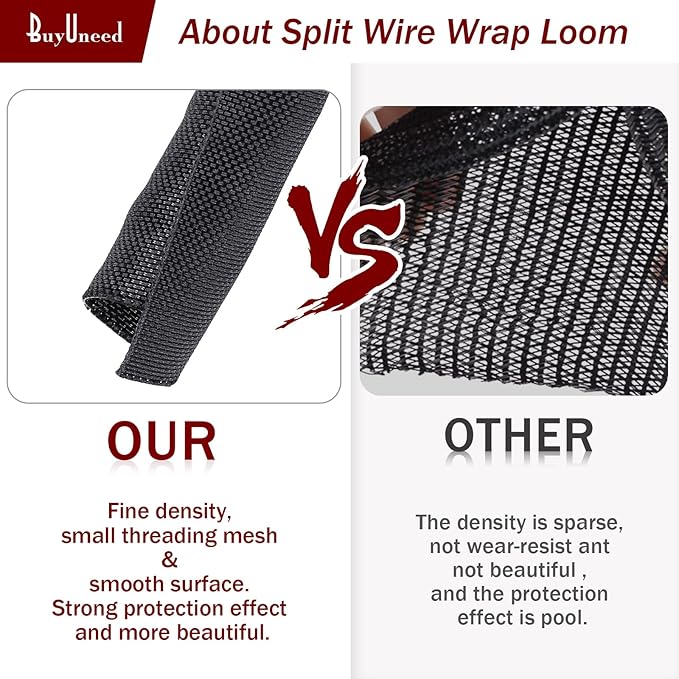 Black Braided Cable Management Sleeves Wire Loom Tubing Cord Protector Self-Wrapping (1/4"-18Feet)