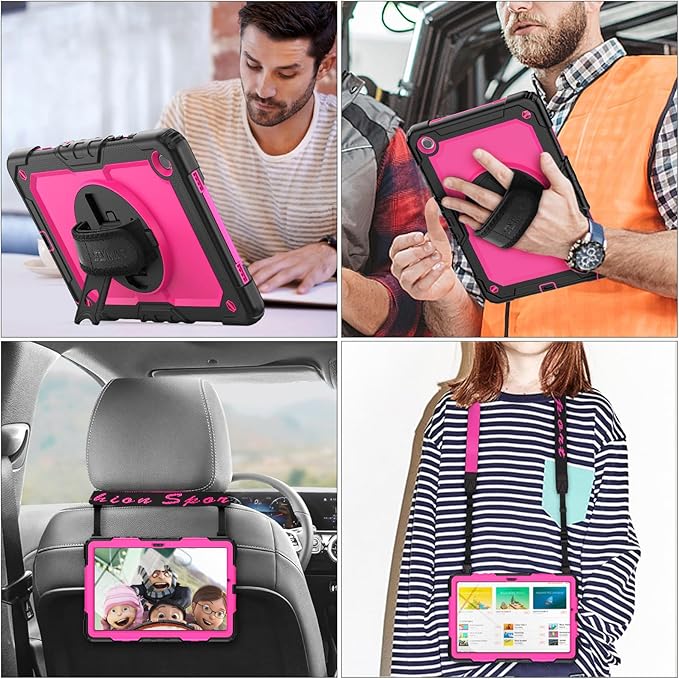 SEYMAC stock Case for Samsung Galaxy Tab A8 10.5'', Full-Body Drop Protection Case with Screen Protector Pencil Holder [360° Rotating Hand Strap] &Stand, Pink+Black