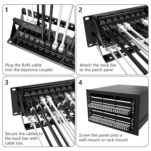 Jadaol 48 Port Patch Panel Rackmount or Wall Mount 19-Inch, 2U Cat6 Network Panel Preloaded with 48 Keystone Couplers plus 2 Spare, 10Gbps Ethernet Patch Panel with Cable Management & Back Support Bar