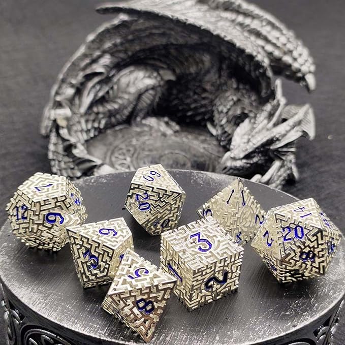 Silver Metal Hollow DND Dice Set (Cleric) Metallic Luster Maze Design with Storage Box - Balanced Weight 7 Piece Zinc Alloy, Designed for Dungeons and Dragons DM and Player RPG Accessories