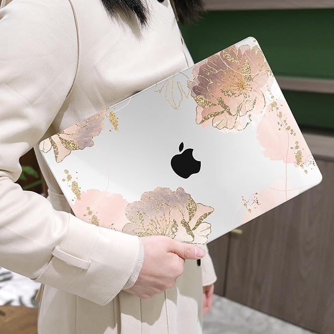 MEEgoodo for MacBook Air 13.3 inch Case 2021 2020 2019 2018 A2337 M1 A2179 A1932, Hard Shell with Keyboard Webcam Cover & Trackpad Film & Type C Adapter for MacBook Air M1, Pink Peony Flowers